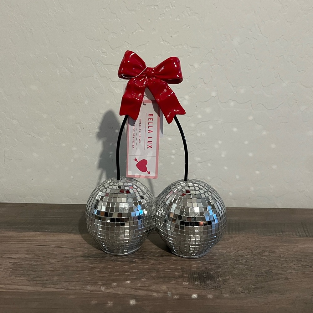 Bella Lux Silver Disco Ball Cherries with Red Bow Valentine’s Day Decor